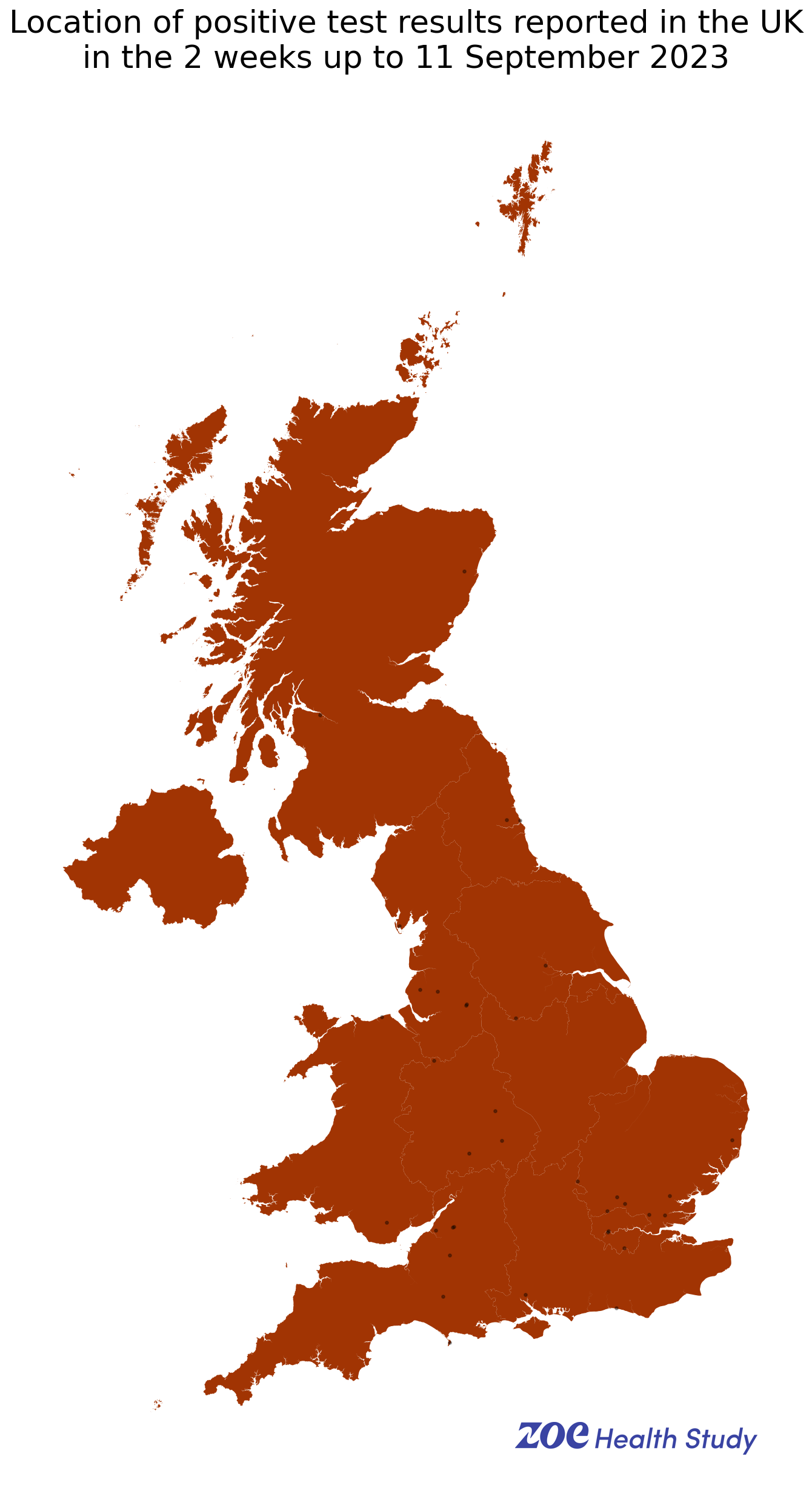 Location of positive COVID test results reported in the UK over last 2 weeks